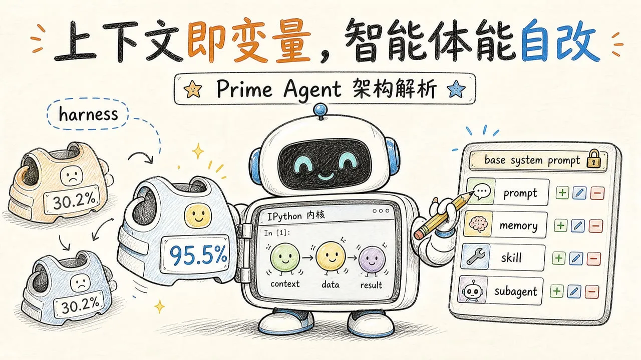 文章封面图:机器人套着可换的外壳(harness),分数从 30.2% 冲到 95.5%,外壳里是装着活变量的 IPython 内核,机器人正用铅笔修改自己的 prompt/memory/skill/subagent 状态面板,base system prompt 被锁住不可变