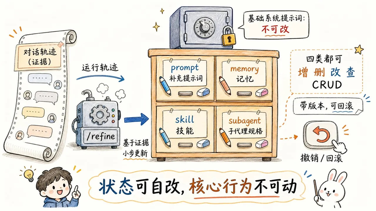 手绘示意图:harness 里装着 prompt / memory / skill / subagent 四类可增删改查的条目,/refine 基于对话证据小步更新,带版本可回滚,基础系统提示词不可碰