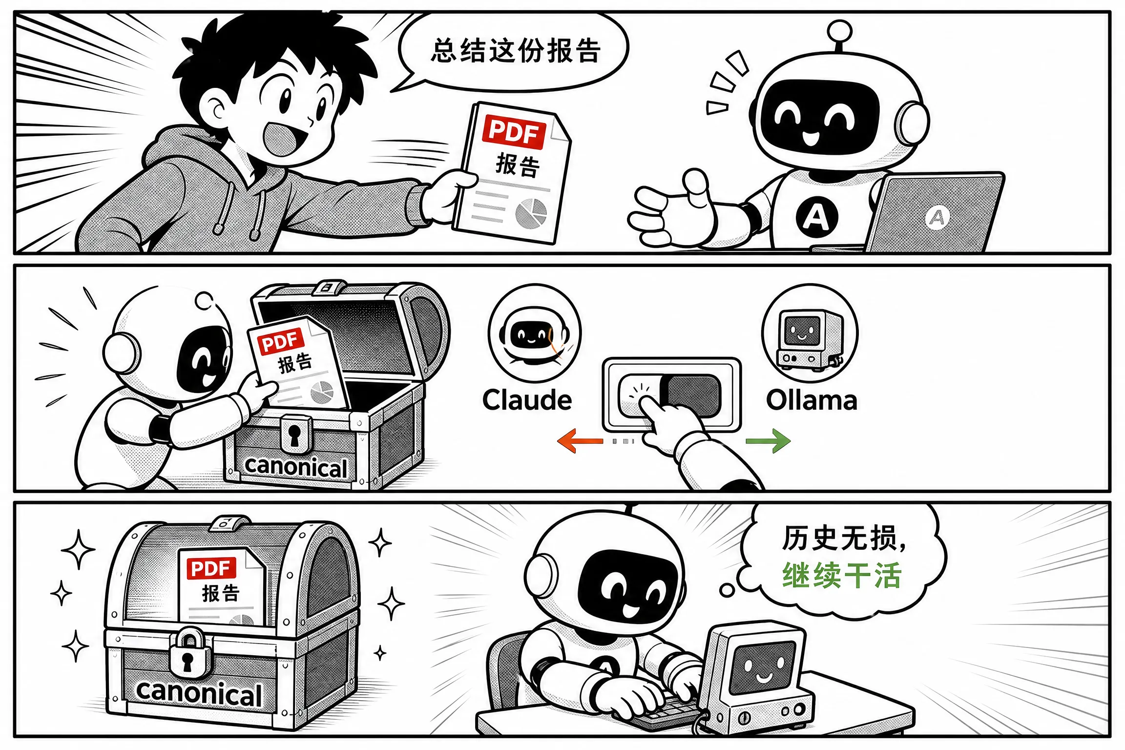 切模型不丢历史:PDF 原样进历史宝箱,Claude 换成本地 Ollama 也能继续