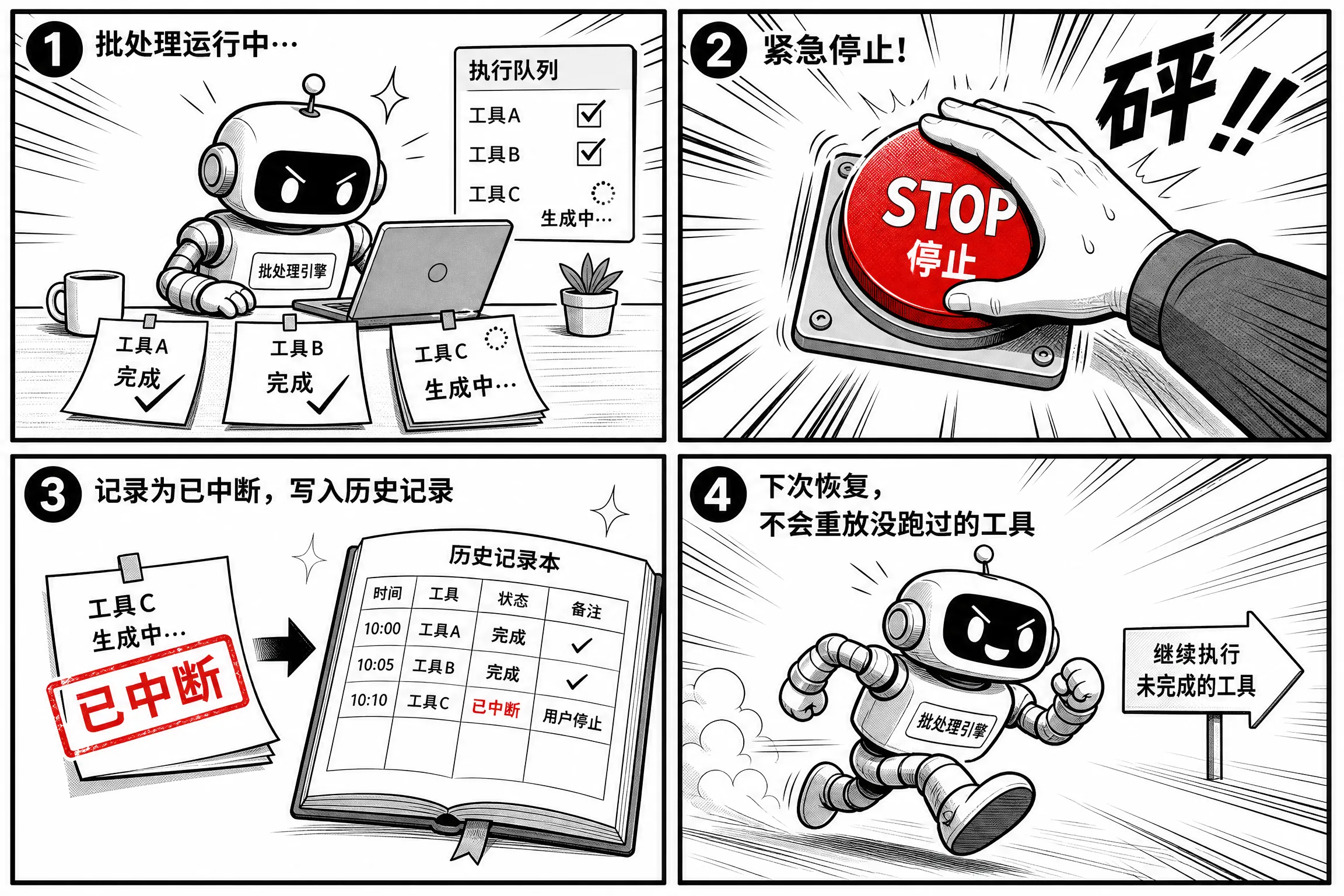 批处理跑到一半按了停止:挂起的调用盖章"已中断"写回历史,无孤儿